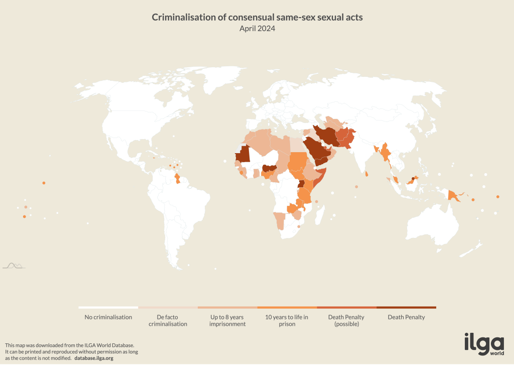 Map of the world centred on the Atlantic showing countries where same sex sexual acts are a criminal offense