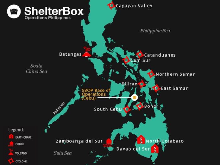 Map of the Philippines showing the location of past ShelterBox responses