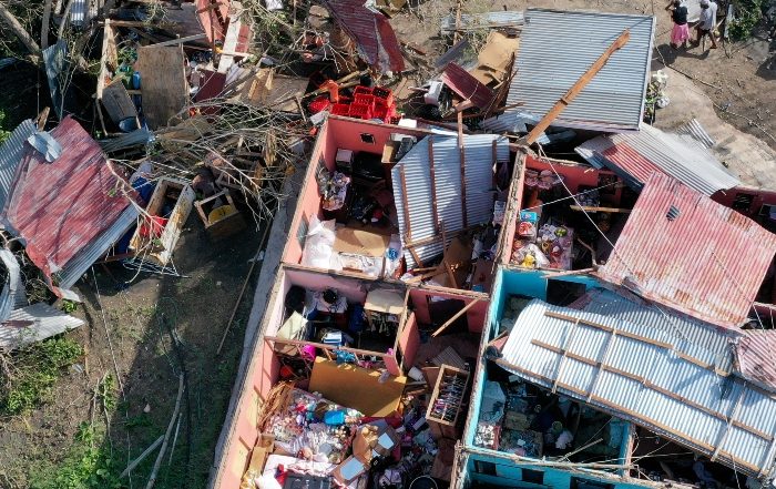 Aerial view of homes damaged by Hurricane Beryl