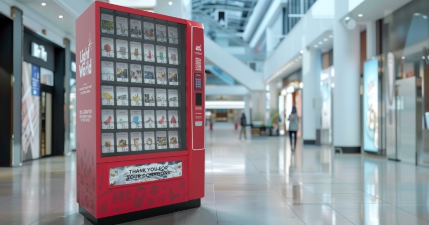 A large red venting machine stands inside a shopping centre